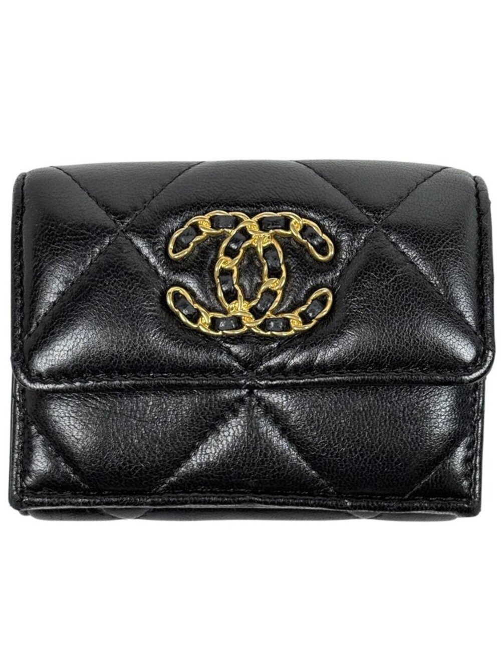 Chanel CC Logo Bifold Wallet 19 Small Flap Leather Black